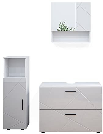 Vicco Badmöbel-Set Weiß Hochglanz Irma, bestehend aus Bad Spiegelschrank, Waschbeckenunterschrank, Midischrank - Harmonische Farb- und Materialkombinationen