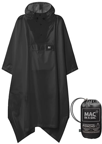 Mac in a Sac Poncho - Packable Waterproof Cape for Men & Women - Lightweight, Windproof & Breathable Rain Jacket with Hood & Cycle Wrist Straps - Black