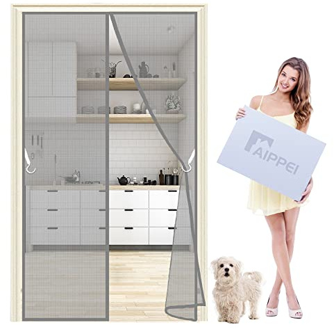Moustiquaire Porte Rideau, 110x190 cm Facile à Installer sans Percer Store Moustiquaire Animaux AcceptéS pour Porte d Entrée Intérieur Patio, Gris P