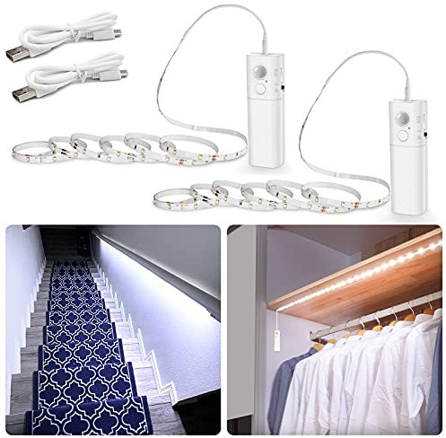 WOBANE Tira led Sensor Movimiento 2 Metros, Tiras Luces Led Pilas Recargable, Luz Nocturna Adhesiva Blanco Frío para Armario Escaleras Sótano, 2PCS