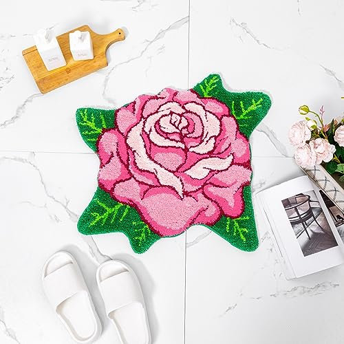 Rosa Badezimmerteppich, niedliche Rosen-Blumenform, Badematte, grünes Blatt, Dekor, Badteppich, rutschfester Boden-Türteppich, Mikrofaser, Badematte, saugfähig, waschbar, Badewannenmatten für