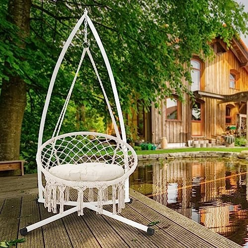 ECD Germany Fauteuil Suspendu avec Coussin Beige et Support Blanc 208 cm, Style Boho, Design Macramé, Coton, Ø 80 cm, 120 kg, Franges Tressées, Siège Chaise Suspendue Balançoire, Intérieur/Extérieur