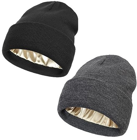 Salalacap Damen-Wintermütze, mit Satin gefüttert, Zopfstrick, mit Bündchen und Seidenfutter, dick, grob, warm, Cuffed-schwarz+dunkel Grau, Einheitsgröße