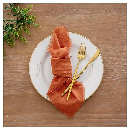 Yurosiay Gaze Servietten 6 Stück 30×30cm Stoffservietten Fransen Handgefertigte Gaze Servietten Mit Fransen Waschbare Servietten Leinenservietten Boho Tischservietten für Hochzeit Party Orange