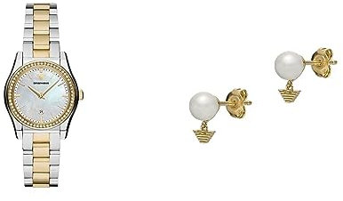 Emporio Armani Damenuhr und Ohrstecker - Dreizeiger-Datum, Edelstahluhr und weiße Perlenohrringe