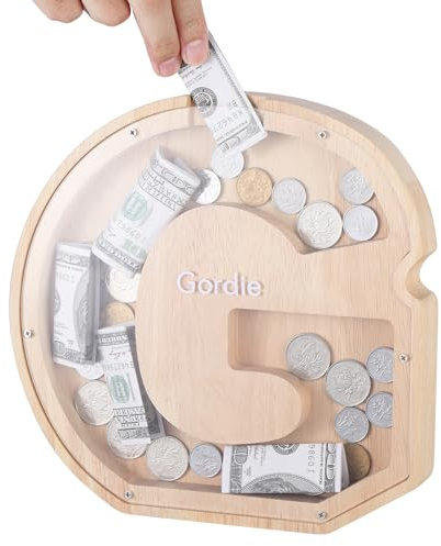 TsunNee Holz Brief Spardose Sparschwein Kreative Brief Münzbank Spardose mit Klare Alphabet Aufkleber, Spardose für Kinder Weihnachten Geburtstagsgeschenk Home DIY Dekoration (Helles Holz G, L)