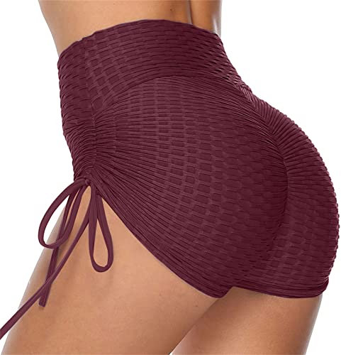 Generisch Beachvolleyball Hosen Herren Frauen-Yoga-Shorts mit hoher Taille, Sport, gerüschter Hintern, Workout, Laufen, heiße Leggings Hose Für Unter Kleid (Wine, M)