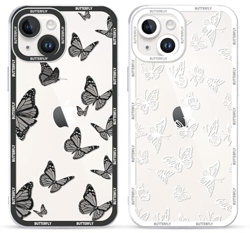 Yoedge 2 Stück Transparent HandyHülle für iPhone 15 Hülle Schmetterling 6,1, TPU Silikon Schutzhülle für iPhone 15 Case 3D Schwarz Butterfly Muster Aesthetic Mädchen Frauen Durchsichtig Cover