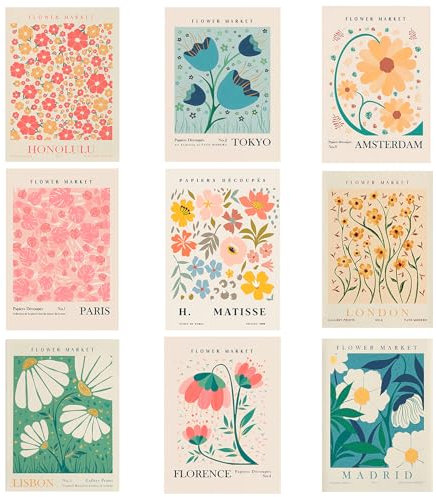 Zfseyuh 9 Stück Flower Poster Set,Kunst Posters Vintage Plakat Kunstdrucke,Wall Poster Aesthetic,für Wohnzimmer Schlafzimmer Esszimmer 20 * 25cm, Ohne Rahmen