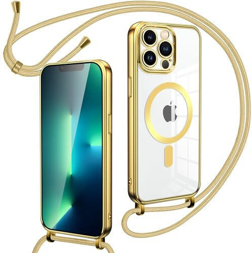 Oelrstfe Collier Coque avec Cordon pour iPhone 13 Pro, Transparent Réglable Étui Chain Chaine Housse de Souple Silicone Antichoc Etui Bandouliere Laniere pour iPhone 13 Pro - Or
