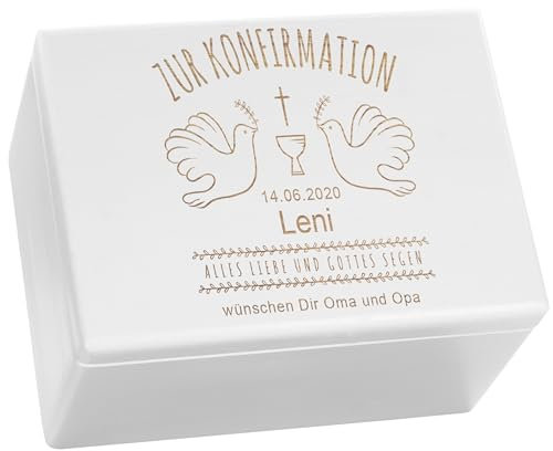 LAUBLUST Holzkiste zur Konfirmation - Geschenkkiste Personalisiert mit Gravur - Tauben Motiv | Personalisiertes Konfirmationsgeschenk mit Name & Datum, FSC® (Weiß, ca. 40 x 30 x 24 cm | XL)