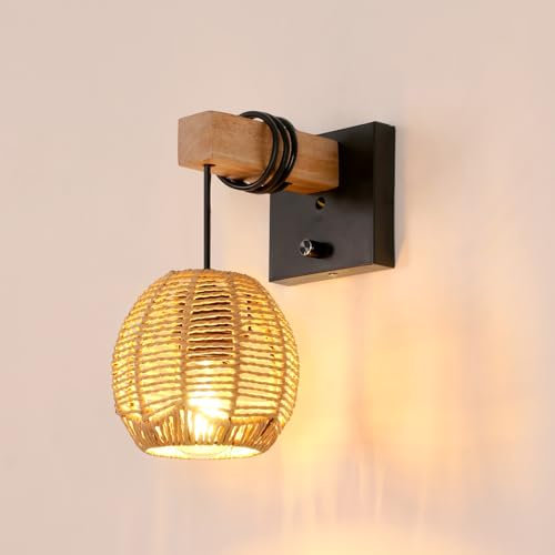 Toolight Applique Murale Intérieur Vintage, Lampes Murale Boho avec Interrupteur, Bois Cage Applique Rotin Luminaire Murale E27 pour Chevet, Salon, Chambre, Couloir (Sans Ampoule)