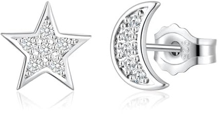 Deyanse Klein Ohrstecker Ohrringe, 925 Sterling Silber Ohrstecker für Damen Mädchen, Hypoallergen 8mm Stern & Mond Zirkonia Ohrstecker Ohrringe, Weißgold Schlafen Knorpel Ohrschmuck mit Geschenk Box