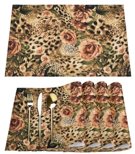 Tiger Leopard Floral Print Placemats Fabric Table Mats Set of 6 Tiger Placemat for Kitchen Dining Table Home Washable Non-Slip Heat Place Mat