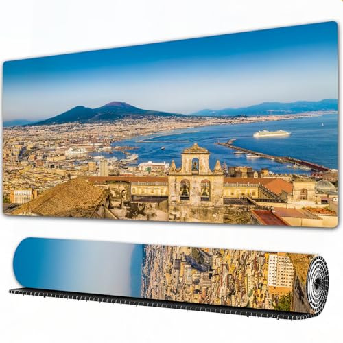 EOMKSE Tappetino per mouse da gioco,grande,antiscivolo,impermeabile,con bordi cuciti,Città di Napoli con il Vesuvio al tramonto, Campania,per gaming,ufficio,casa,30x80 cm