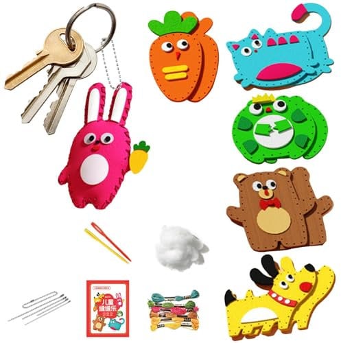 Lueear Kinder Handwerk Nähen Spaß Tier Nähen Bastelset Puppe Nähen Spielzeug Nähset 6 Tierpuppen Schlüsselanhänger Anhänger Einfaches Nähset Kinder Bastel- und Nähset