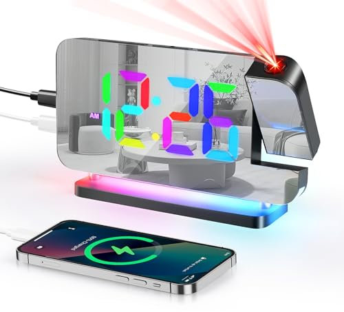 Euakee Wecker mit Projektion, Wecker Digital, 7.4 LED-Spiegeluhr, 10-Farben Nachtlicht, 180° Drehbarem Projektor, USB-C Ladegerät, Projektionswecker für Kinder Schlafzimmer Jungen Mädchen (Schwarz)