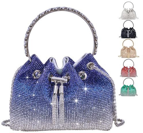 TOPALL Clutch Glitzer Damen,Silber Abendtasche,Handtasche Diamant Tasche Schultertasche Silber mit Reißverschluss, Strasssteine Clutches Brieftaschen Umhängetasche für Party Freizeit Date(Blau)