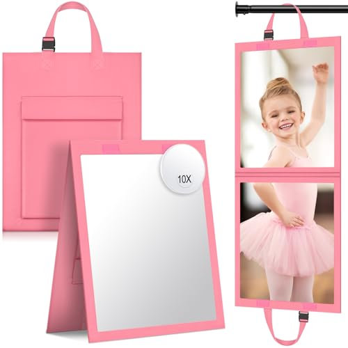 Faltbarer HD-Tanzspiegel zum Aufhängen, 83,8 x 32 cm, tragbarer Wandspiegel mit 10 x Mini-Make-up-Spiegel und verstellbarem Griff, für Reisen, Tanztasche, Tänzer, Künstler, Ästhetiker, Zuhause,
