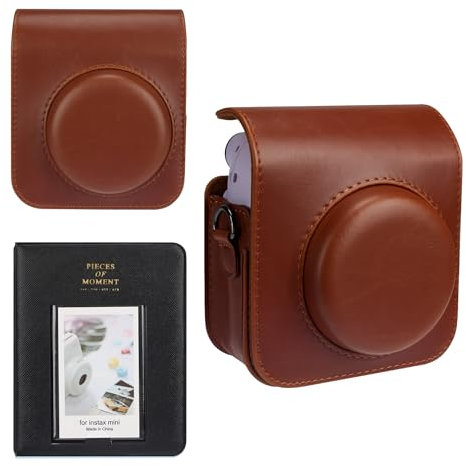 Meetikar Kameratasche und 64 Taschen Fotoalbum kompatibel mit Fujifilm Instax Mini 12 Sofortbildkamera, PU Leder tragbare Mini 12 Kameratasche mit verstellbarem Schulterriemen (Braun)