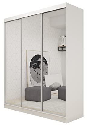 Margaret Hadas24 Kleiderschrank Darix mit Spiegel, Organizer, Mehrzweckschrank, Schwebetürenschrank, Garderobenschrank, Kleiderstange, Kleiderständer, Flurschrank, 3-türig, Schrank, weiß, 180 cm