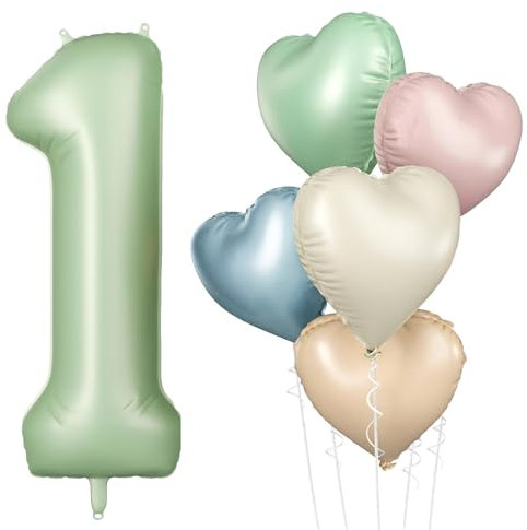 DazzJoy Luftballon 1. Geburtstag Grün, 32 Zoll Salbeigrün Luftballons Zahlen 1, Geburtstagsdeko 1 Jahr Junge Mädchen, Herz Ballon 1 Geburtstag Junge Mädchen Deko