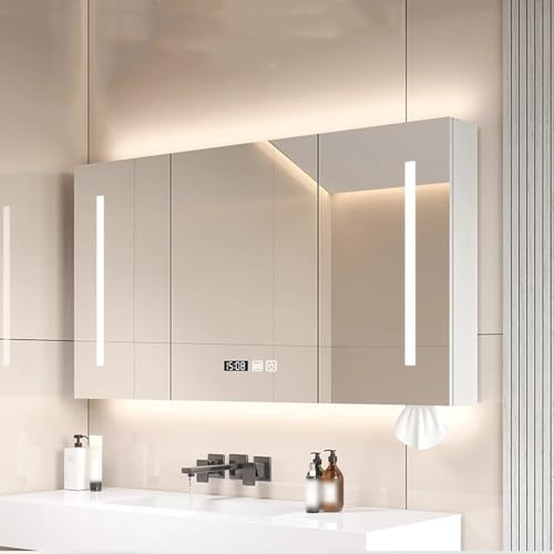 Spiegelschrank Bad Mit Led Beleuchtung 80x70 cm,spiegelschrank 3 Türig Mit Entfoggen Zeitanzeige Papierhandtuchloch Led Massivholz-spiegelkabinett Mit Steckdose Berührung Sensorschalter
