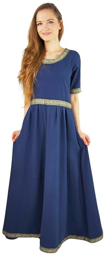 Leonardo Carbone® Damen Kleid Ennlin | Bordüre Design | Schnürung Rücken | Karneval, Halloween, Cosplay, LARP, Mittelalter, Wikinger, Kostüm, A-Linie | 100% Baumwolle Blau 3XL