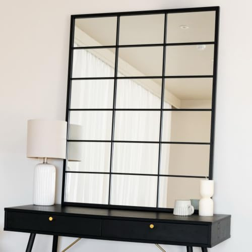 Jobu Rectangle Mirror with Metal Window Frame Style in Black – 95cm x 120cm for Bedroom, Hallway or Living Room | Kyo