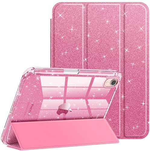 Fintie Hybrid Hülle für iPad mini 7 (A17 Pro) 2024/ iPad mini 6. Gen 2021 | Stoßfeste transparenter Hartschalen-Rückseite Schutzhülle mit Stifthalter, Schlank Ständer Tablet Case, Glitzer Rosa