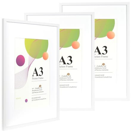 Scholartree Weiß A3 Bilderrahmen, 29,7 x 42 cm, mit Wandbehang, mit Passepartout in A4, 3 Pack