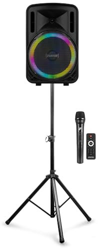Fenton FT12LED MK2 12-Inch Portable PA System 700W with Wireless Microphone, Speaker Stand & LED Lights - Battery or Mains Powered Bluetooth Speaker for Parties, Karaoke & Events
