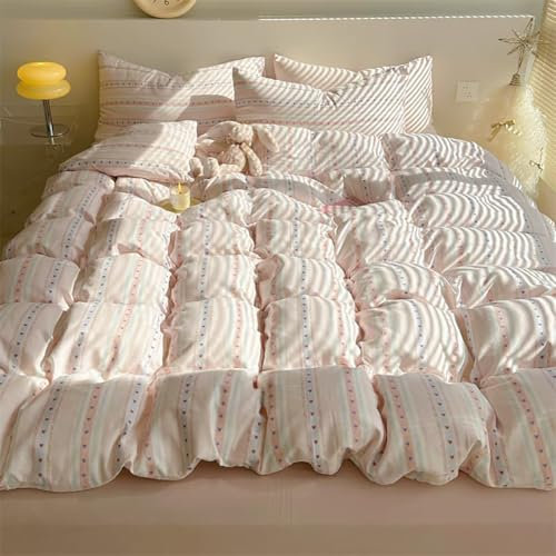 AShanlan Bettwäsche Herzen 200x220 Rosa 3teilig Microfaser Aesthetic Herzchen Streifen Bettbezug Bettwäsche-Sets und 2 Kissenbezug 80x80 cm Reißverschluss