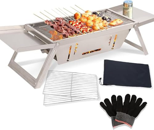 Cioquli Holzkohlegrill, Tragbarer Campinggrill, Klappgrill aus Edelstahl, Einstellbar Mini BBQ Grill für Outdoor Camping Terrasse Grillparty Silber (17.13''x8.86''x1.57'')