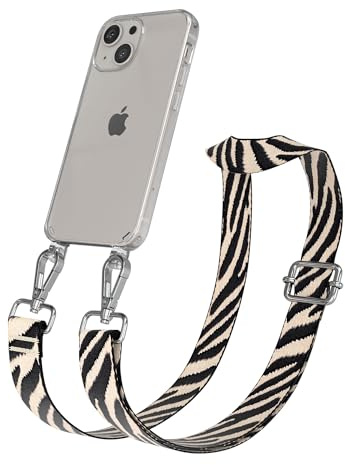 EAZY CASE Handykette - Verstellbares Taschenband kompatibel mit iPhone 13 Mini, Schulterriemen, Handykordel mit Silikon Hülle, Umhängetasche, Zebra - Schwarz Beige Silber