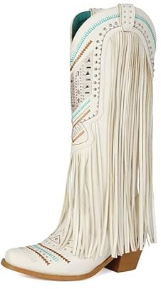 Veelau Meieer Stivali da cowboy da donna con ricamo, frange e borchie a blocco, stile vintage, beige., 43 EU