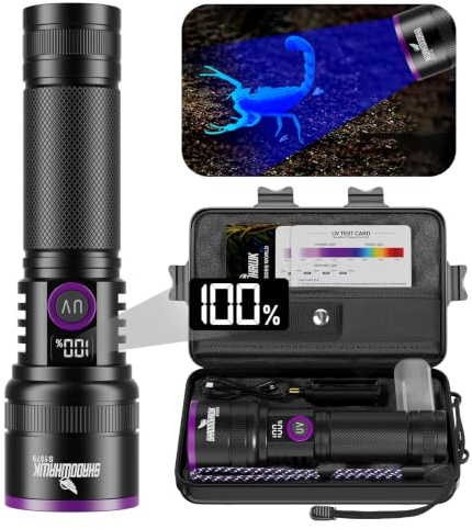 Shadowhawk 365nm UV Torch, 30W Black Light 4-Core with Filter Lens | Rechargeable Ultraviolet Flashlight, UV Light For Pet Urine, Resin Curing, Rocks, Golf Ball Finder, Scorpion,With LCD Display