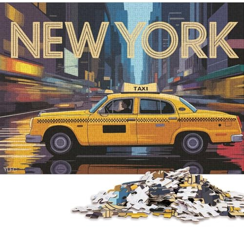 1000-teiliges Puzzle für Erwachsene, New York City Taxi-Illustration, quadratisches Holzpuzzle, einzigartiges Puzzleteil, pädagogisches Spiel, Spielzeug (75x50cm)
