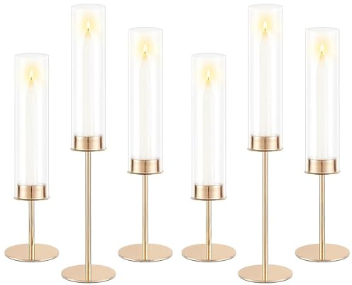 WOOLUCK Lot de 6 Verre Bougeoir Cylindrique À Bougies, Bougeoir Ouragan Verre, Bougeoirs en Métal Chandeliers, pour Centre de Table Fête Mariage Décoration Salle À Manger