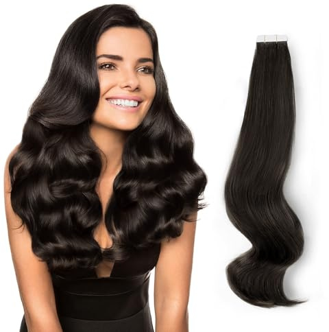 ABH AmazingBeauty Hair Semi-permanent Tape Attached Real Remi Remy Tape in Hair Extensions Human Hair 50g 20pcs Invisible Seamless Reusable Skin Weft Off Black Color 1B 22 Inch
