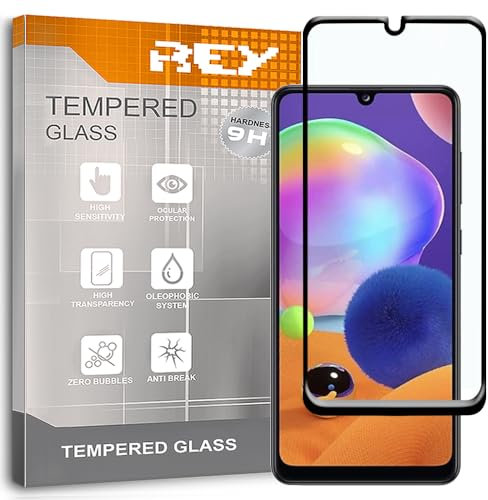 REY Protector de Pantalla Curvo para Samsung Galaxy A31, Negro, Cristal Vidrio Templado Premium, 3D / 4D / 5D