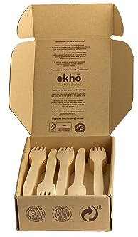 ekhõ The Wood Way! – Juego Cubiertos Desechables Biodegradables - Cubiertos para Llevar Ecológicos Biodegradables y Compostables - Cubertería Desechable (100 Tenedores)