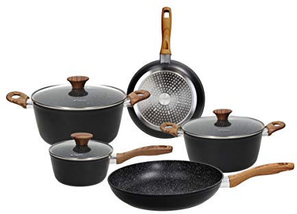 Tognana Premium Black, Batteria di pentole e padelle, Set con 2 padelle, 3 casseruole, 3 coperchi trasparenti, 8 Pezzi, Alluminio, Nero