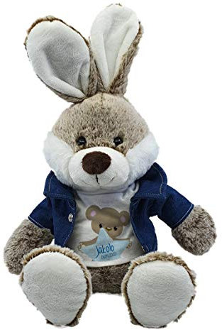 CreaDesign, Kuscheltier Plüschtier Hase Elvis Teddy blau, mit Name, braun, 45 cm, kuschelweich, mit Jeanshemd und Shirt
