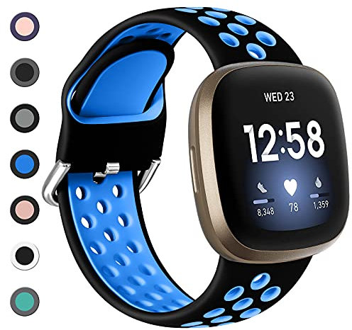 Dirrelo Kompatibel Mit Fitbit Versa 4/3, Sense/Sense 2 Armband - Sport Silikon Atmungsaktiv Ersatzband Für Damen Und Herren, L Schwarz/Blau