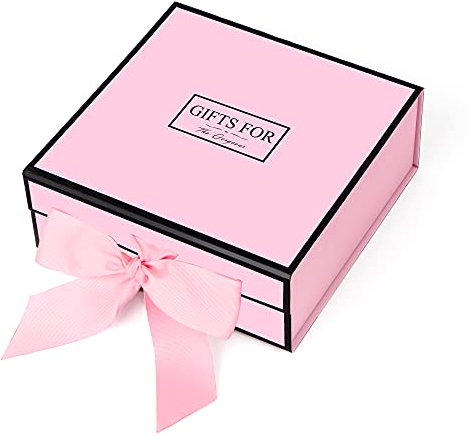 JiaWei Geschenkbox (Stil-1) 24 x 24 x 9,5 cm Klein, Geschenkkarton mit Magnetisch Deckel und Schleife, Grußkarten & Seidenpapier - Pink