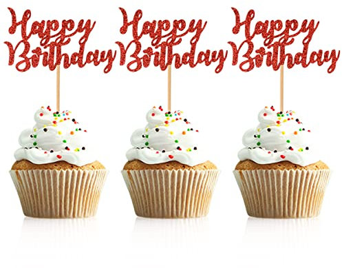 Donoter 48 Stück glitzernde rote Happy Birthday Cupcake-Topper Kuchenstecker für Geburtstagsparty Dekoration Zubehör