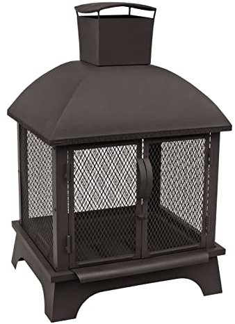 LANDMANN Feuerkorb | Stabile Stahlkonstruktion in Kamin-Optik mit Schornstein | Mit Gitternetz für 360 ° Sicht & Schutz vor Funkenflug | Schwenkbare Doppeltüren & Abnehmbare Feuerwanne [Schwarz]