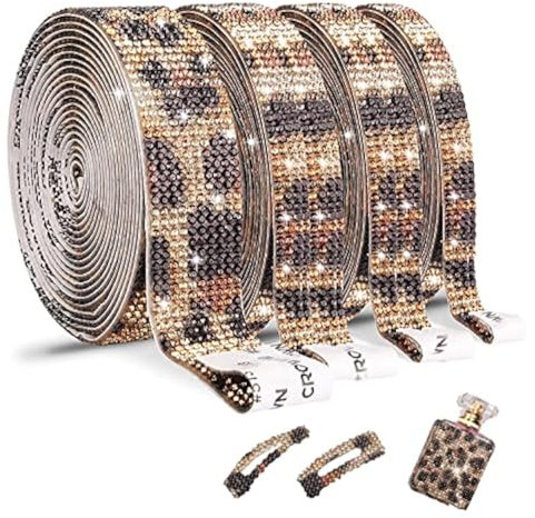 4 Rollen Glitzersteine selbstklebend Diamant Band Kristall Strass Dekoration Aufkleber für DIY Event Auto Telefon Dekoration (Leopardenmuster)