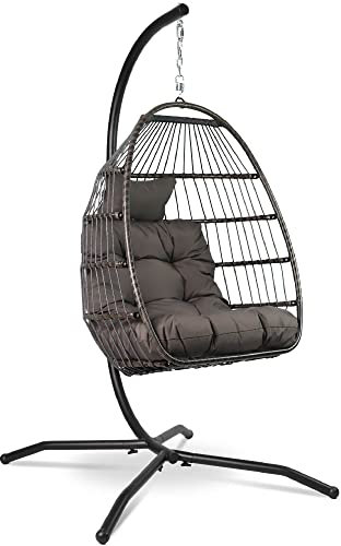 VITA5 Hängesessel mit Gestell - Bequemer Hängekorb Sessel - Rattan Hängesessel Outdoor und Indoor - Boho Egg Schaukel für Terrasse&Leseecke - 150 kg Tragkraft - Dunkel Grau